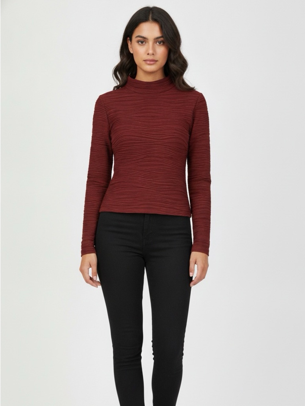 Wave-Textured Long Sleeve Top Burgundy by Micas XL Fitted